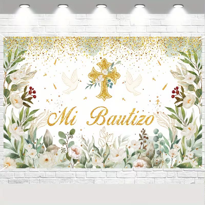 2D Watercolor Floral Baptism Banner, Gold Cross & "Mi Bautizo" Backdrop, Christening Party Decor