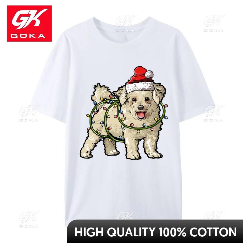 Cute Bichon Frise Santa Christmas Tree Lights Xmas TShirt Tops Unisex Cotton Tee Camisas Basic Tops Fashionable
