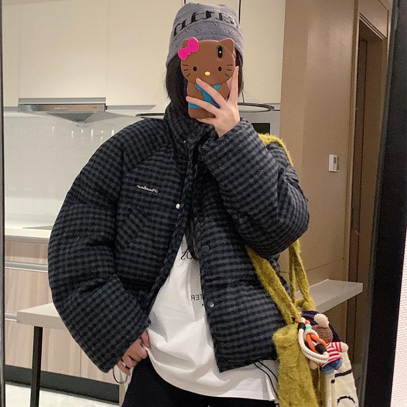 Корейская клетчатая куртка с воротником-стойкой, короткая, с хлопковой подкладкой, свободного кроя, универсальная