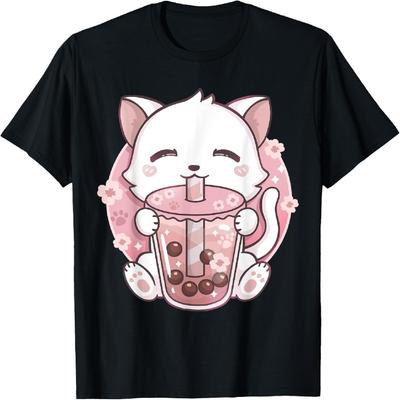 Аниме Кавайи Кот Боба Чай с шариками Кот Чай с шариками Кот Футболка