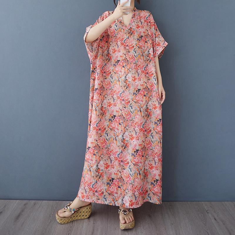 Dimanaf 2025 Summer Plus Size Dress Women Casual V-Neck Vintage Shirt Dress Loose Basic Printing Dress