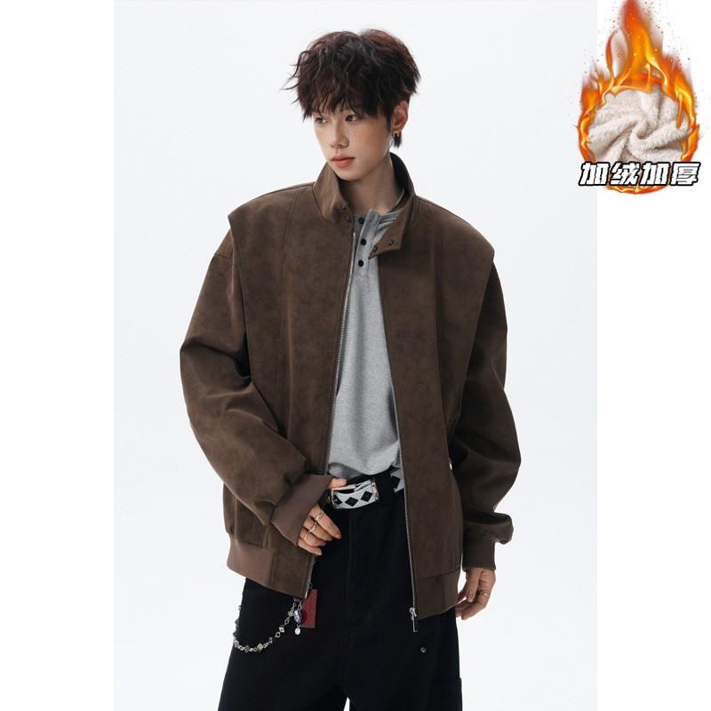 Mens Oversized Thick Fleece-Lined Cotton Puffer Jacket 2026 Loose Fit Stand Collar Zipper Gray Black Brown M-5XL