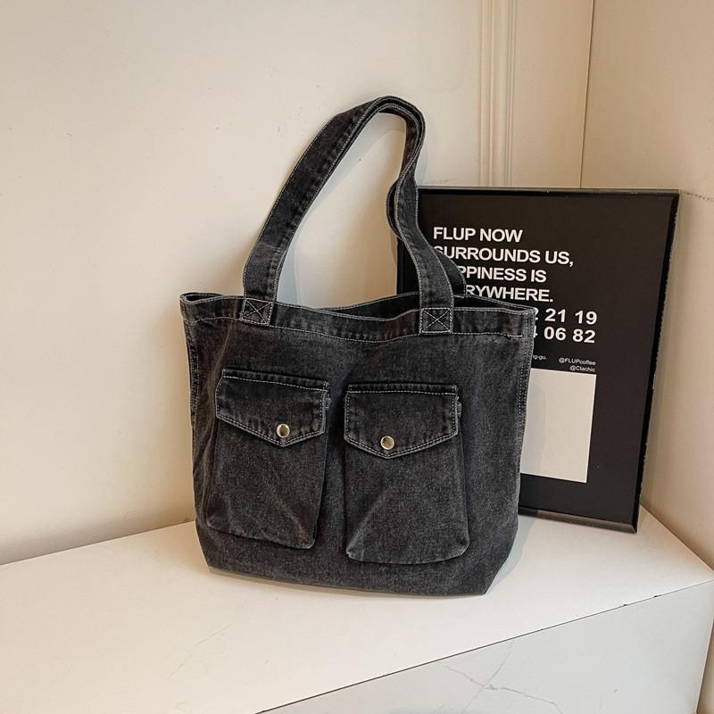 Fashionable Womens Tote Bag In Denim Fabric With Double Shoulder Straps For Commuting