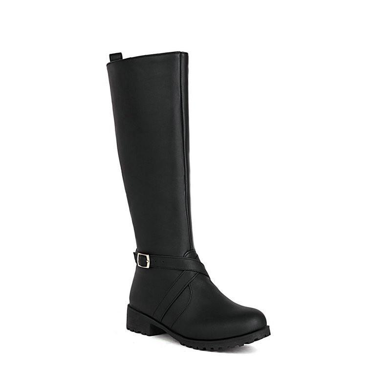 Womens Knee-High Boots With Side Zipper Chunky Heel PU Leather Black Brown Buckle Detail