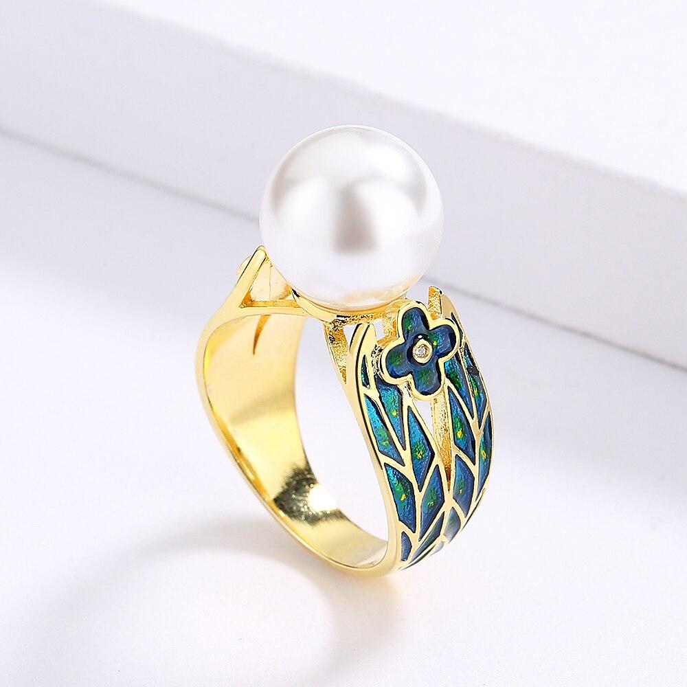 Изысканное кольцо для женщин, модное маленькое кольцо с цветком, эмалированные ювелирные изделия ручной работы, инкрустированное жемчугом, обручальное кольцо, ювелирные изделия для вечеринок, изящные ювелирные изделия