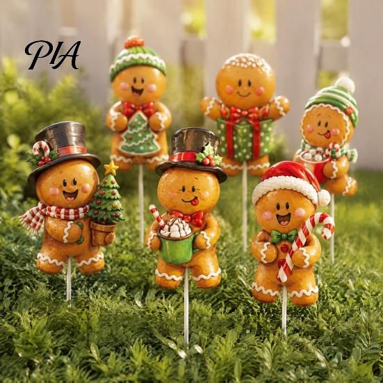 Gingerbread Man Party Supplies 6 Pcs Large Christmas Tree Picks, Wooden Santa Snowman Ornaments, Xmas Quick Installation Decor Topper Decoration