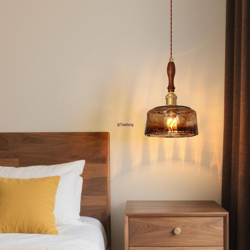 French Mid-Century Solid Wood Bedside Pendant Light