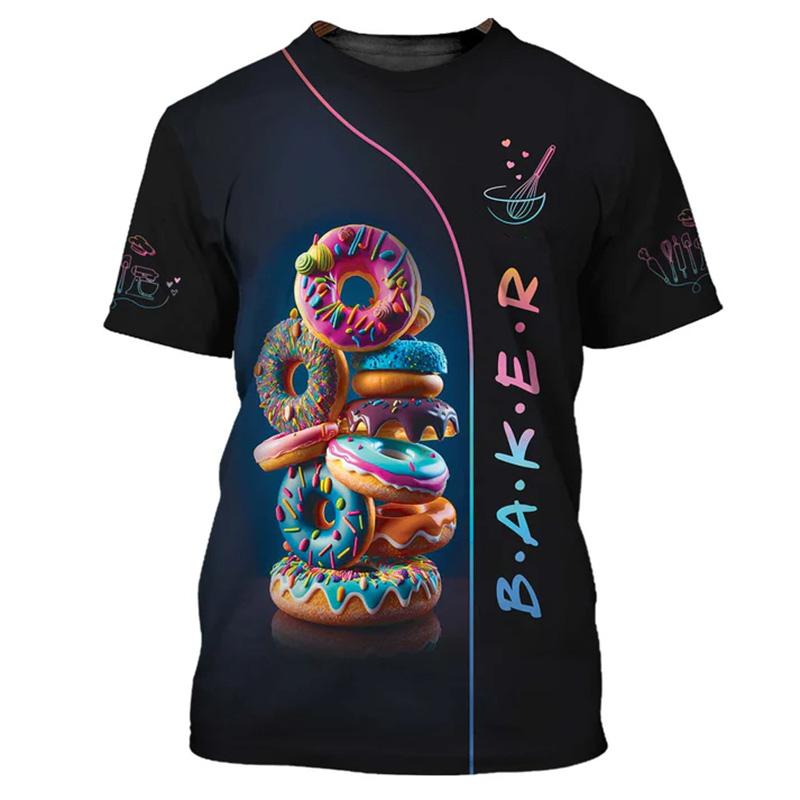 Donut Patterns From Bakeries T-shirts Fun Work Clothes 3D Print Design Round Neck Casual T Shirts Personality Fashion Tee Top