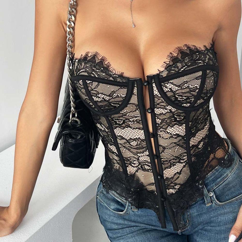 Прозрачный кружевной корсет с пуговицами и цветочным принтом, жилет с подвязками, модный кружевной длинный корсет для женщин