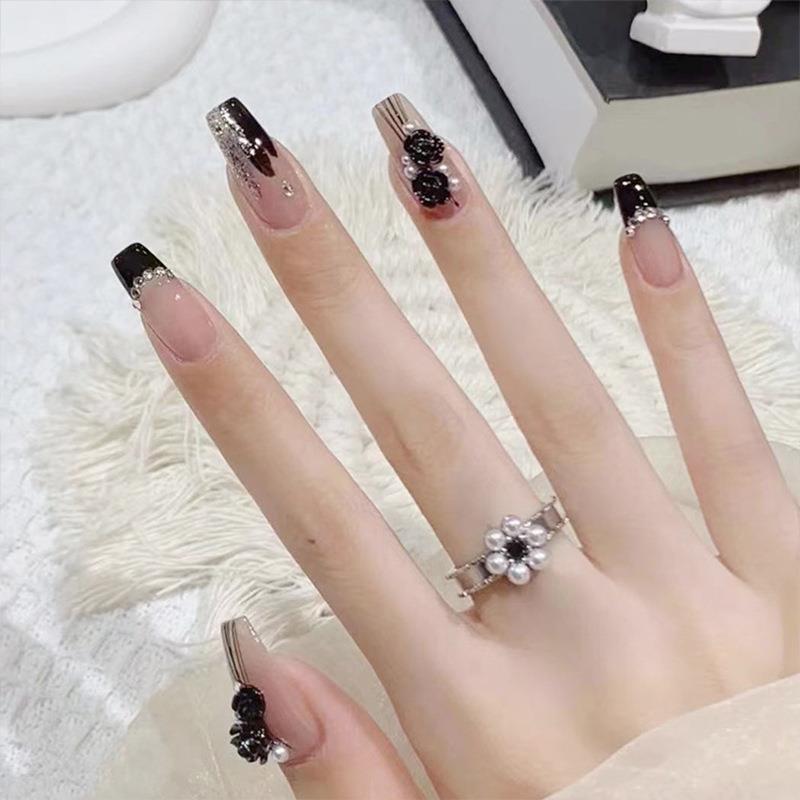 24 шт. средних накладных ногтей квадратные 3D камелия черный галстук-бабочка дизайн ногтей французский