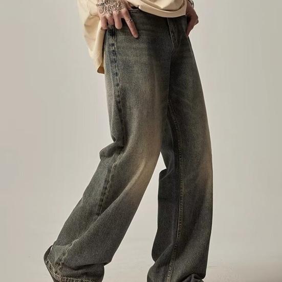 Мужские джинсы Градиент контрастного цвета Широкие штаны Свободные High Street Ретро Хип-хоп Прямые карманы полной длины с застежкой-молнией на пуговицах Мужские длинные джинсовые брюки