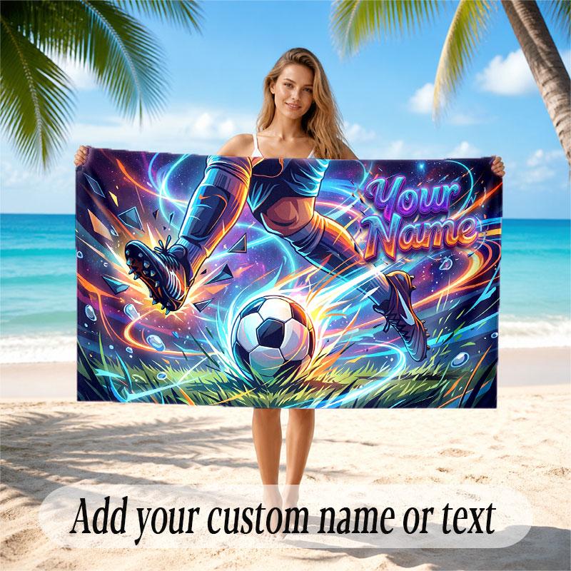 Soccer Theme Beach Towel Personalized Custom Name & Text Soft Quick Dry Beach Towel for Swimming Travel