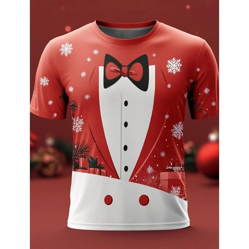 Летний топ с круглым вырезом и 3D-принтом на рождественскую тематику с галстуком-бабочкой, модные повседневные футболки с короткими рукавами для мужчин
