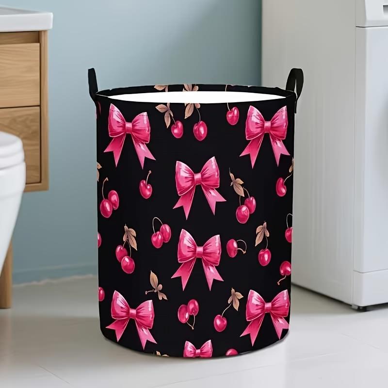 1pc Pink Bow Foldable Storage Basket | Bohemian Style Round Laundry Hamper with Sturdy Handles, Suitable for Bedrooms, Bathrooms, Living Rooms, and Ot