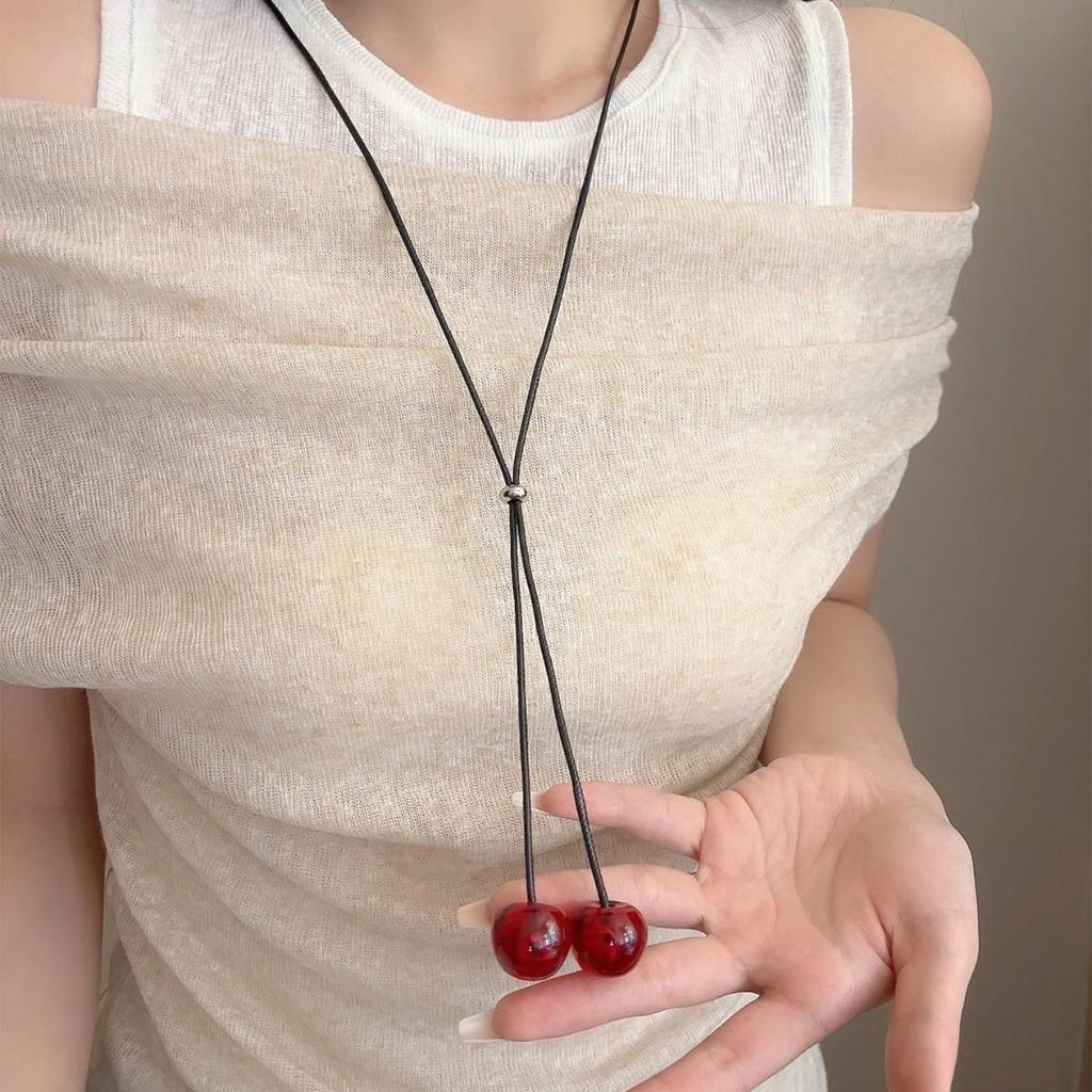 Выдвижной кулон в виде красной вишни для женщин - элегантное длинное колье-чокер в виде цепочки для свитера.