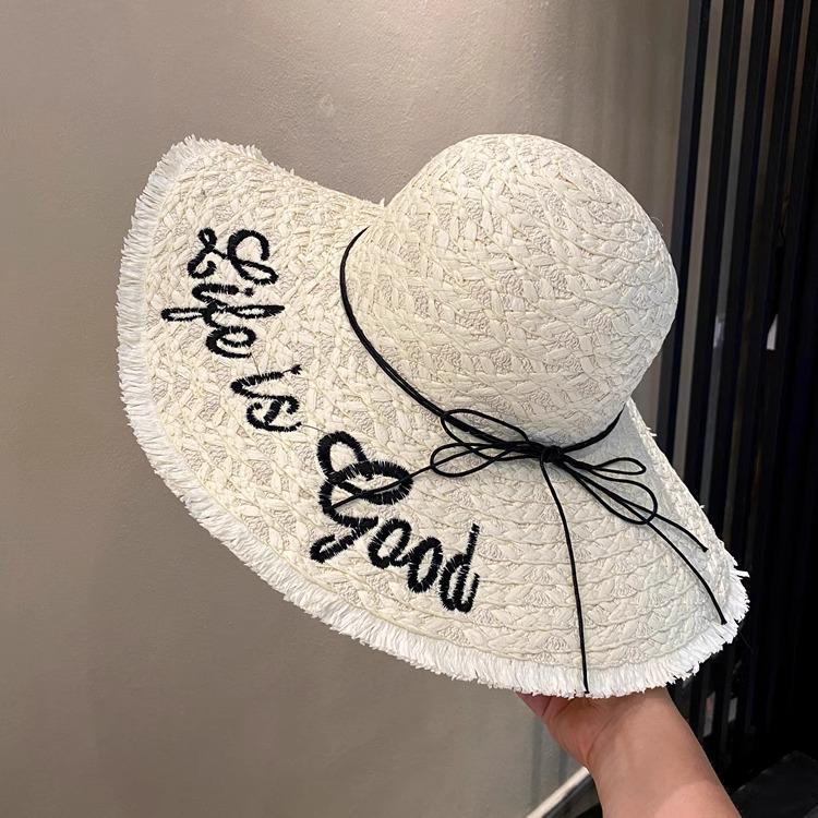 Beach hat vacation brim travel letters summer seaside children raffia hat sun protection female sunshade versatile big