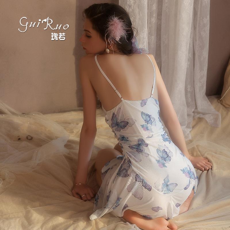 Women's Butterfly Print Deep V Low Cut Slim Cami Sleep Dress Lounge Set