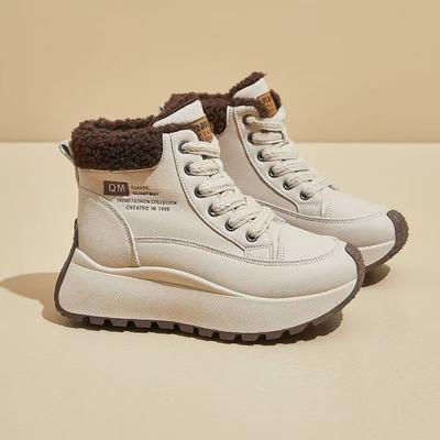 Женские кожаные зимние ботильоны на толстой подошве, плюшевые, утепленные, теплые, уличные, водонепроницаемые, нескользящие, с высоким голенищем, на шнуровке, хлопковые ботинки