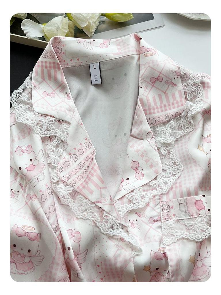 Moe-Style Sweet Pink Kitten Pajamas: Soft Silk, Long-Sleeved & Long Pants for Women - Spring & Autumn Collection