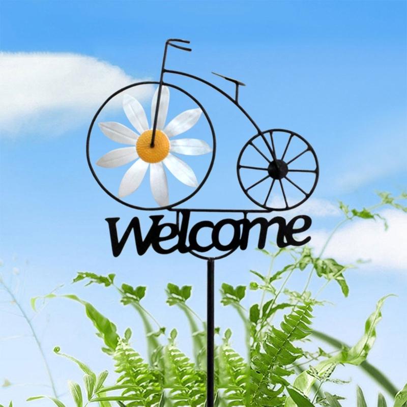 Garden Stake Welcome Windmills Bicycles Flower Wind Spinner Outdoor Spinning Wheels Yard Insert Decorative Iron Stakes