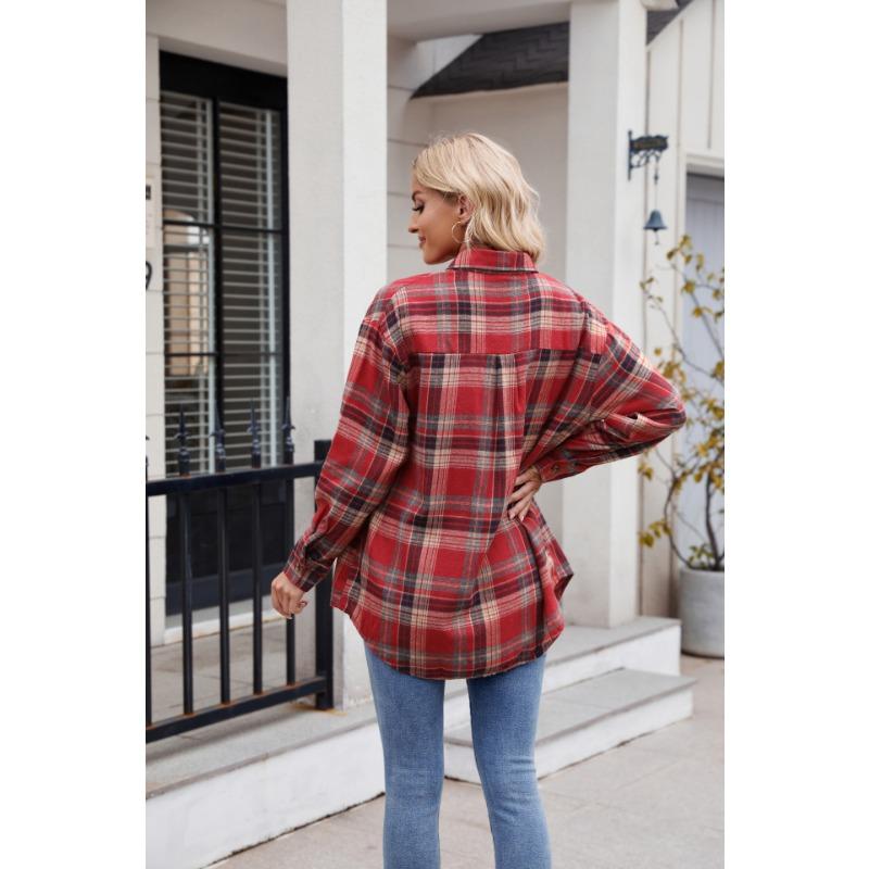 Women's Fashion Casual Spring Fall Plaid Print Long Sleeve POLO Neck Blouses & Shirts