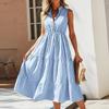 Summer Elegant V-neck A-line Dress Women Fashion Sleeveless Striped Dress For Vacation Female Casual Loose Dresses 28002
