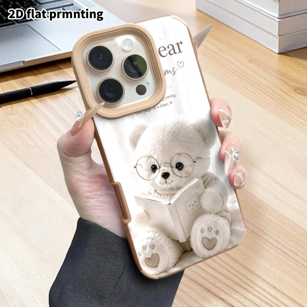 Phone Case: 2D flat lambskin suitable for iPhone 18, 17, 16, 15, 14, 13 Pro protective cases, little reading white bear, Christmas and Halloween gifts