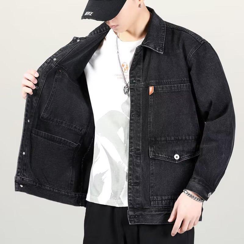 Men's Versatile Denim Jacket for Spring and Autumn, Loose Fit Plus Size Cargo Jacket Denim Casual Streetwear Denim Jacket Men's Daily Wear Outerwear