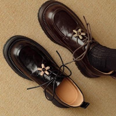 Лоферы на блочном каблуке Осень Новые Круглый носок Глубокий вырез Шнуровка спереди Стразы Нескользящая Износостойкая Платформа Одинарная обувь