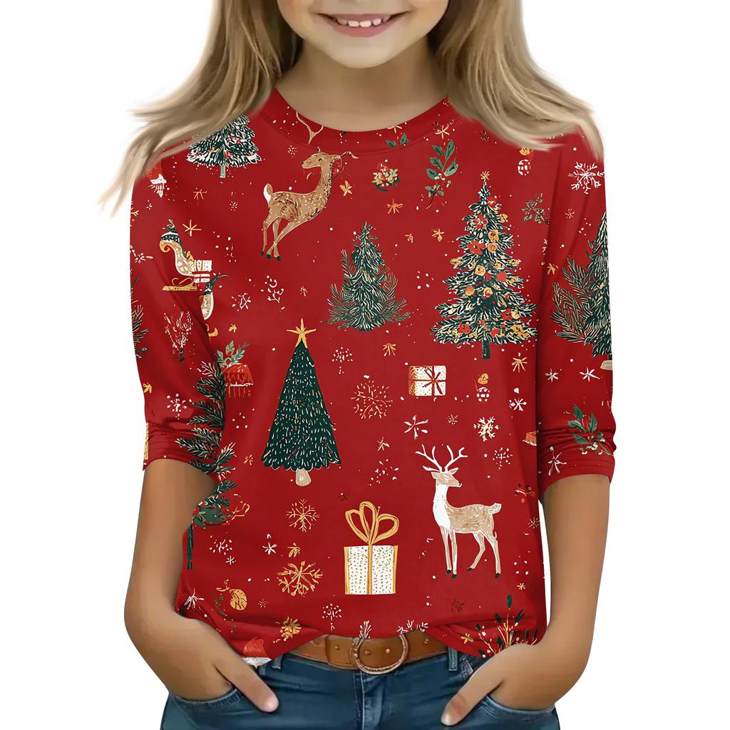 Детские топы с рукавом 3/4, повседневная футболка с рождественским принтом, пуловер с круглым вырезом