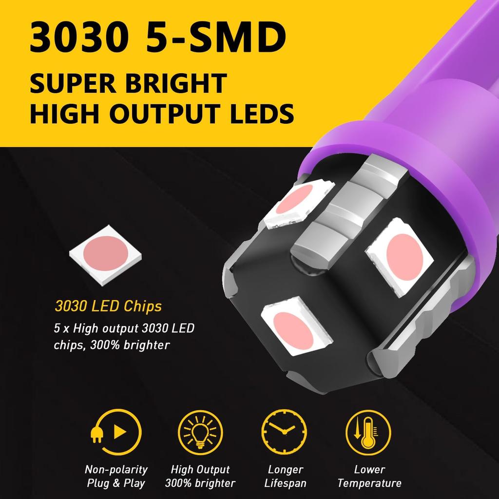PHINLION 194 LED Light Bulb Purple 168 2825 W5W T10 Wedge 5-SMD 3030 Chipsets LED Replacement Bulbs for Car Interior Dome Map Door Courtesy Parking