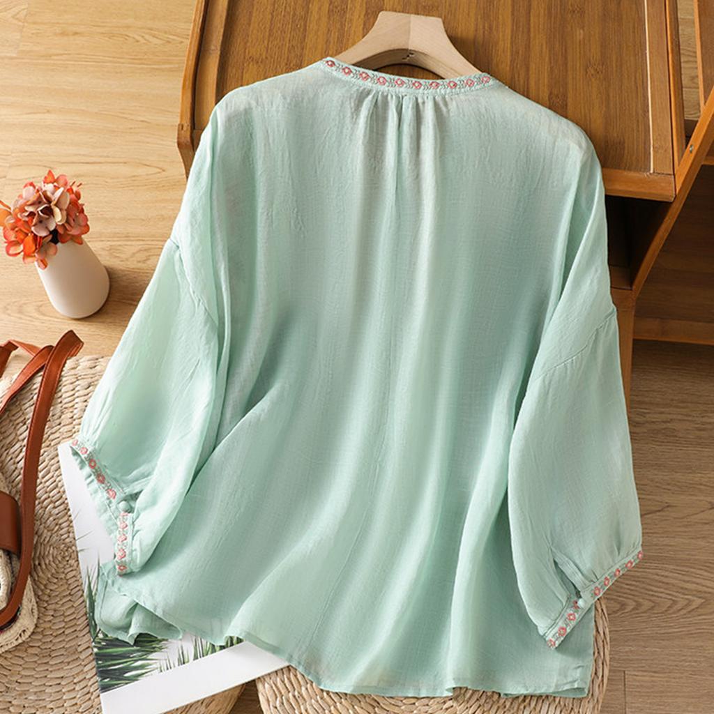 Женская повседневная модная блузка-пуловер с коротким рукавом, круглым вырезом и вышивкой