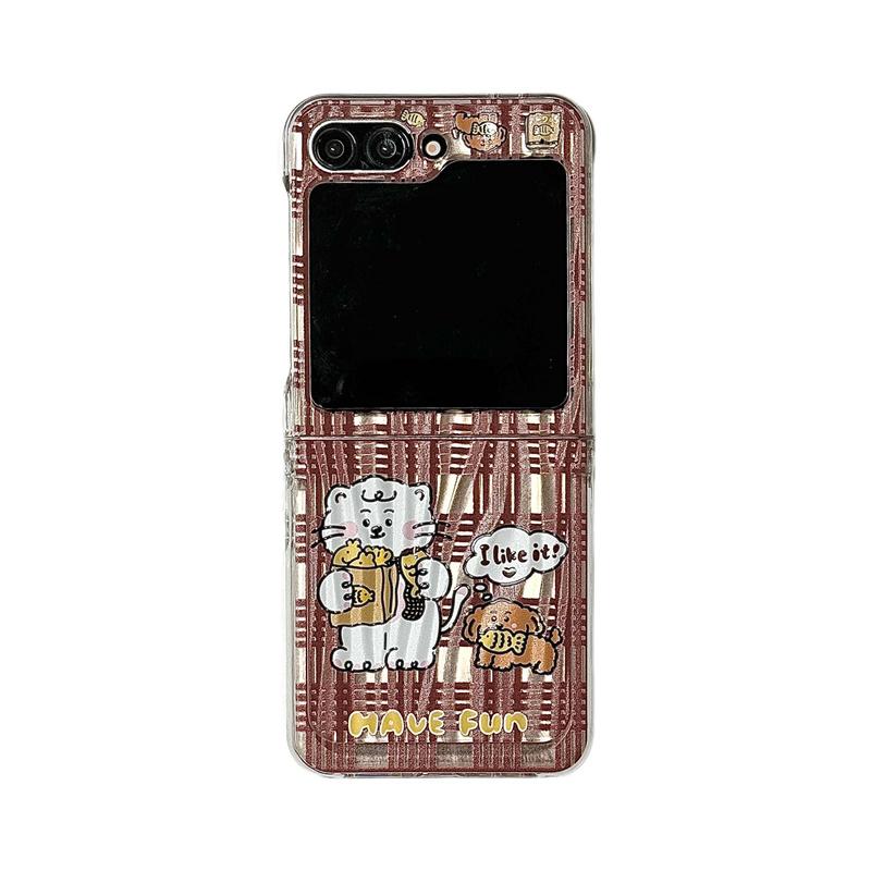 Корейский милый чехол для телефона с котенком и щенком для Samsung Galaxy Z Flip 6 5 4 3 с цепочкой-подставкой Кавайный мультяшный жесткий чехол Flip6