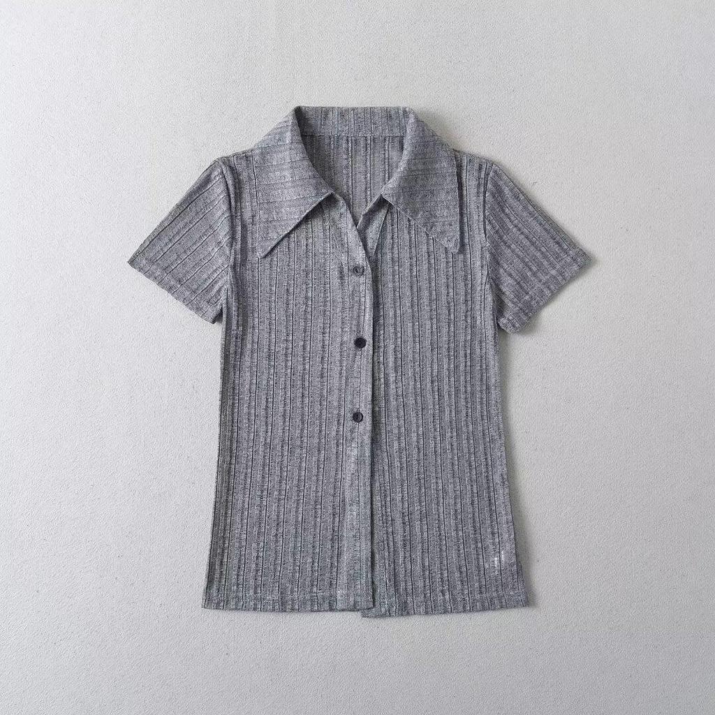 2024 Летний приталенный кардиган с воротником поло и короткими рукавами в рубчик для женщин - европейский и американский стиль горячей девушки