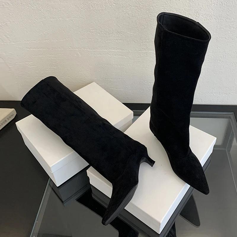 Модные Liyke Осенне-зимние Сексуальные Женские Сапоги до колена Уличный стиль Заостренный носок Тонкий Низкий каблук Ковбойские Женские Туфли Длинные Женские Сапоги