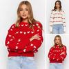Women Sweater Round Neck Long Sleeve Heart Pattern Knitting Tops Loose Fit Ribbed