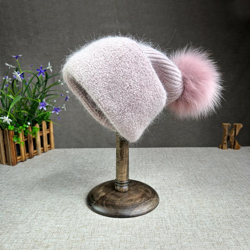 Korean Version Fox Fur Ball Knitted Hat Versatile Ear Protection Thickened Angora Rabbit Fur Flanked Plush Woolen Hat Trendy