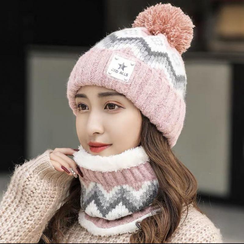 Thickened Fleece Knitted Hat Winter Cycling Cap Women's Outdoor Cold Proof Two-Piece Set Ear And Neck Protection Hat