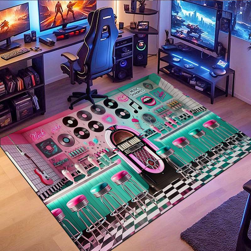 Retro Car & Rock Bar Themed Rug, non-slip rug, suitable for living room, bedroom, game room, computer room and home décor.