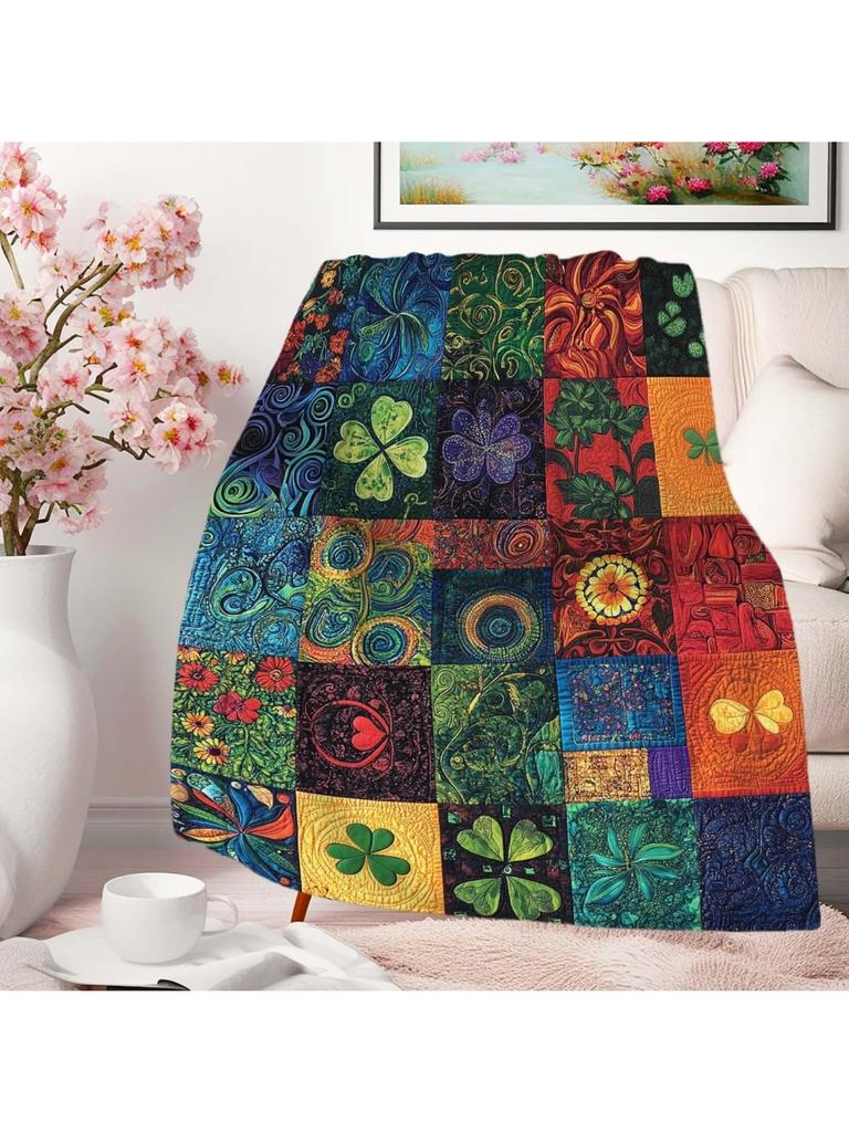 GUOYU Blanket St Patricks Day Throw Blanket Patchwork Style Printed Shamrock Clover Blanket Gift for Women and Men Lightweight Soft Fleece