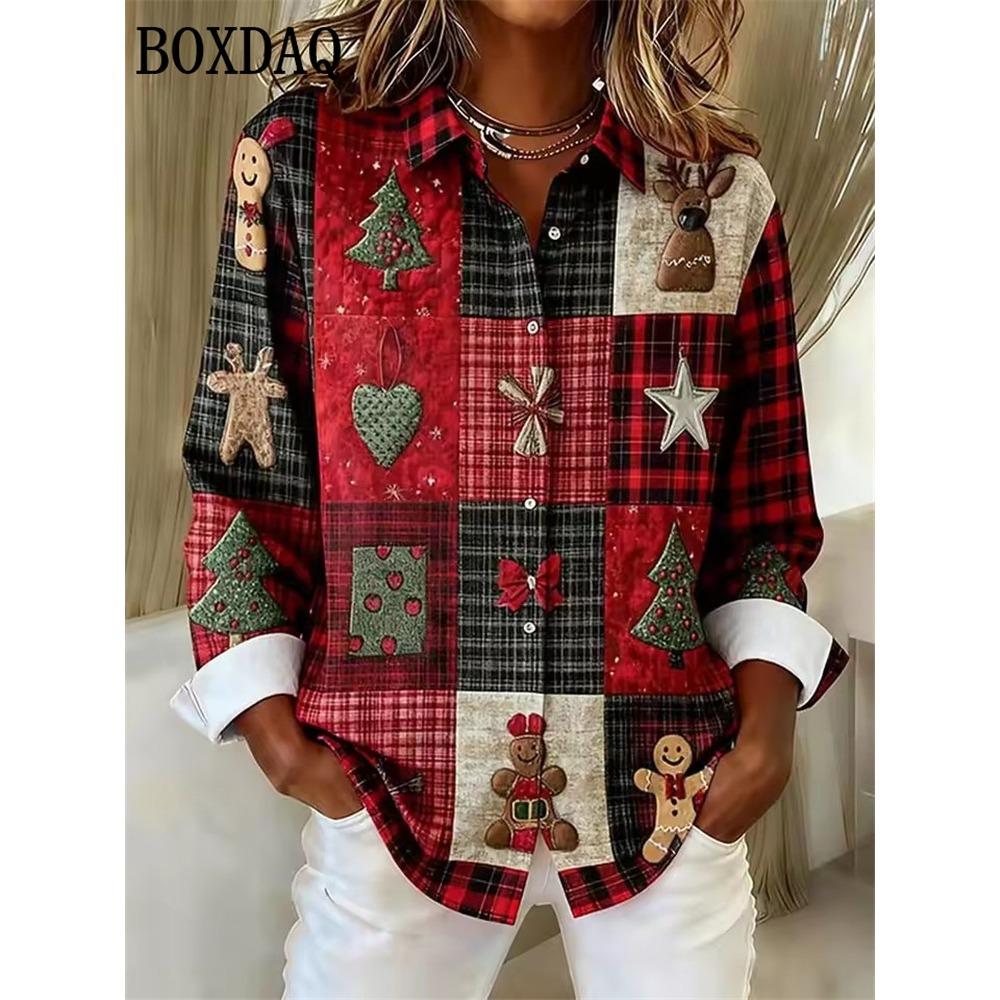 2025 Christmas Party Womens Long Sleeve Shirts Fashion Street Clothing Autumn Blouse Christmas Snowflake 3D Print Shirts Ladies