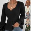 Women's Fashion V-Neck Pullover Shirt Solid Color Long Sleeve Ruffle Waist Women's Shirt