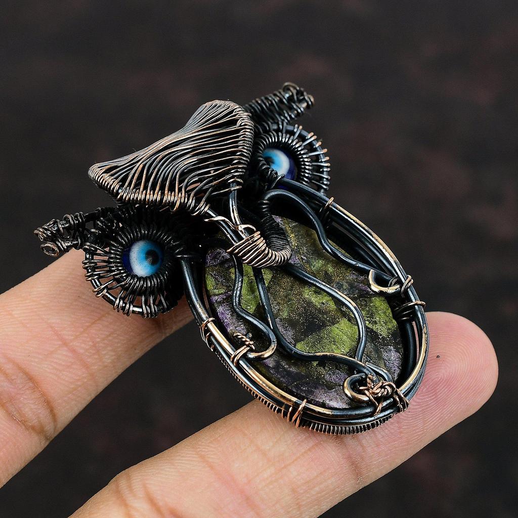 Подвеска из медного драгоценного камня стихтит, подвеска из медной проволоки, медные украшения, подвеска синего цвета от сглаза, подвеска ручной работы в виде совы, рождественский подарок