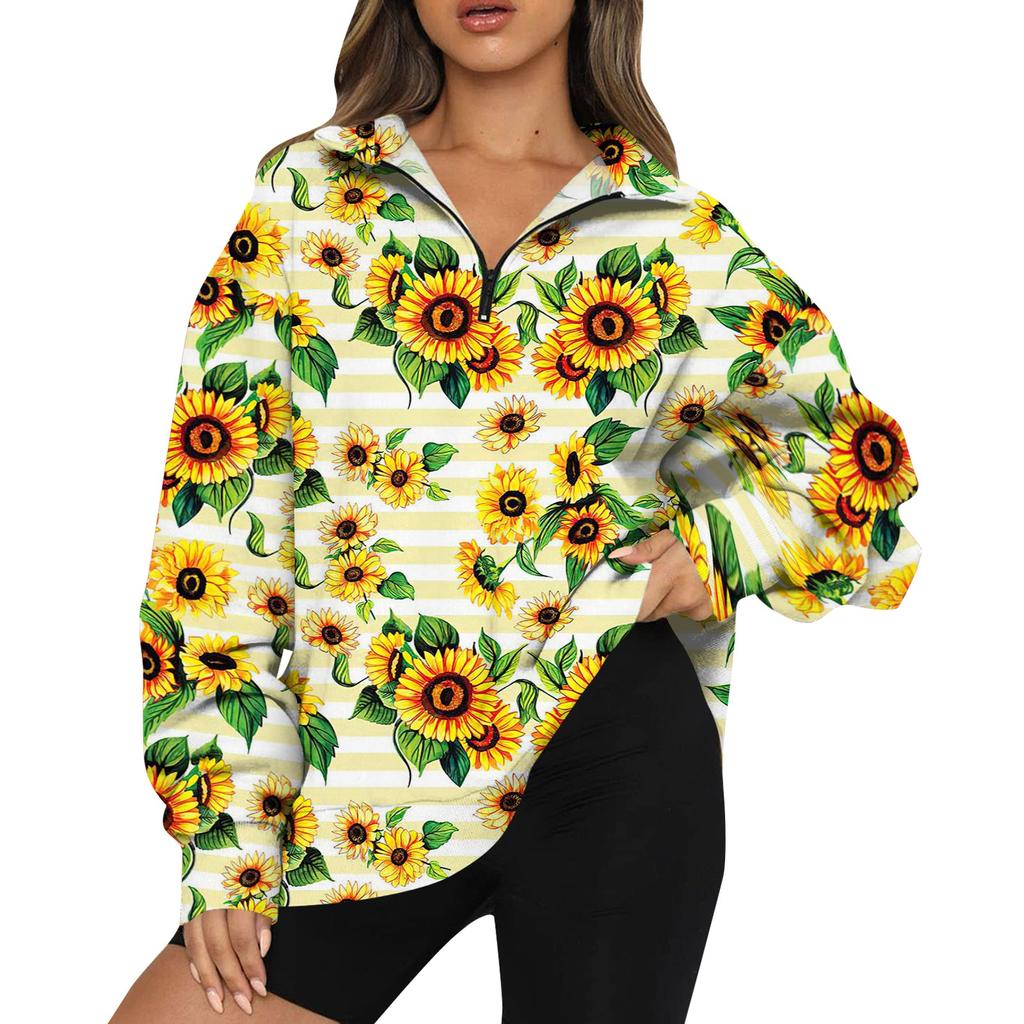 Women's Casual Fashion Long Sleeve Print Oversize Zip Sweatshirt Top