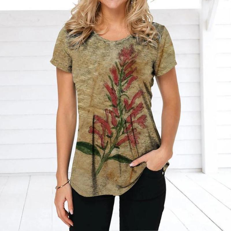 Летняя женская футболка в стиле ретро с цветочным принтом, повседневная повседневная футболка, обычный пуловер для женщин, женская одежда с коротким рукавом и круглым вырезом