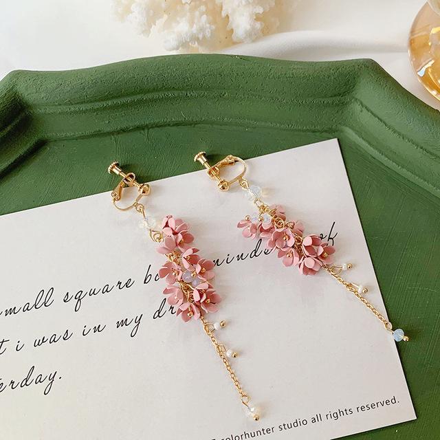 Серьги-клипсы в японском стиле с розовыми и белыми цветами и кисточками, без прорезей, длинные, с кристаллами, элегантные, цветочные, для невесты на свадьбу