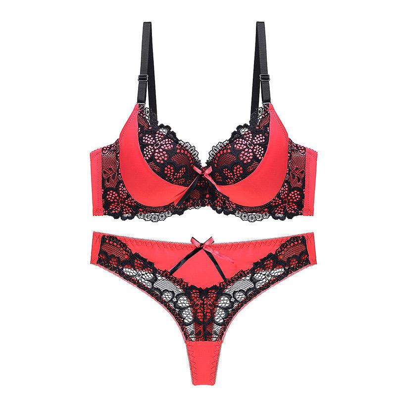 Sexy Bra Cover Color Collision Design Hollow Lace Embroidery Hotsweet Women's Lingerie Set Underwear+G-string