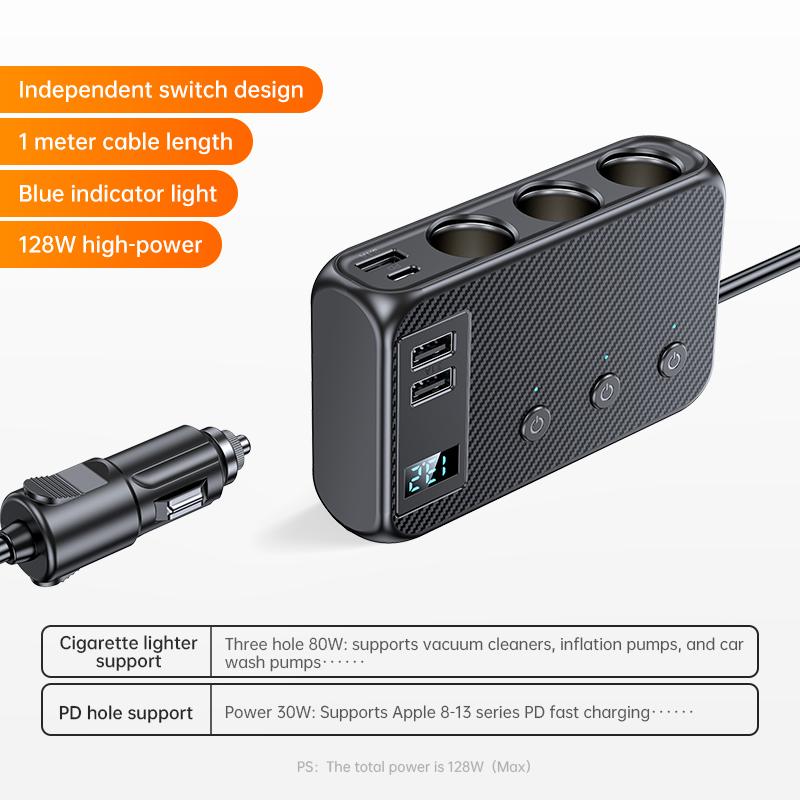 7 In 1 Car Charger 128W Multiple USB Charging Ports Socket Adapter QC-3.0 PD-30W Phone Charger with Switch for Car