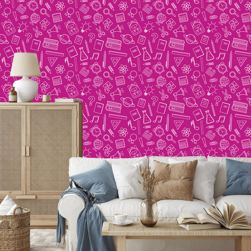 Wallpaper School Supplies purple and powder pink, purple background 50x1000