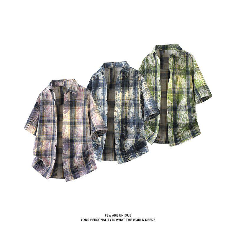 Мужская летняя рубашка с коротким рукавом в стиле тай-дай и color block - Свободный повседневный топ в гонконгском стиле